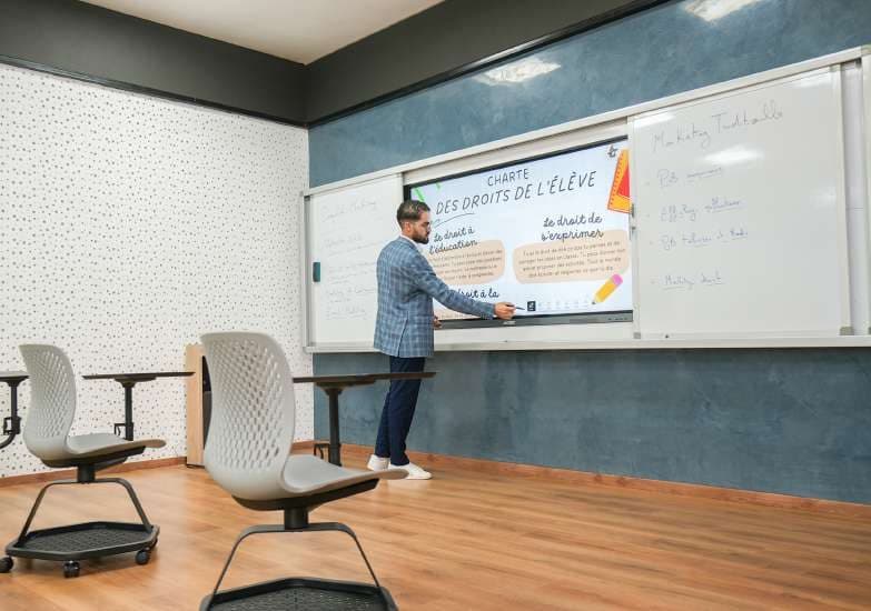 Enseignant devant un écran interactif dans une salle de classe équipée